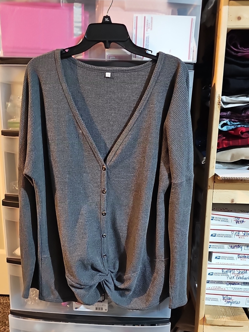 Waffle-Knit Faux Button Front Women's - Gray